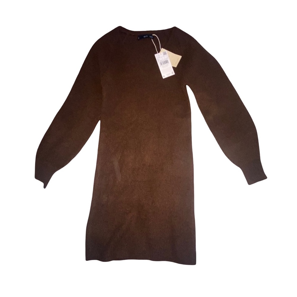 MANGO chocolate brown knit Henley long sleeve knee Lenght dress size XS